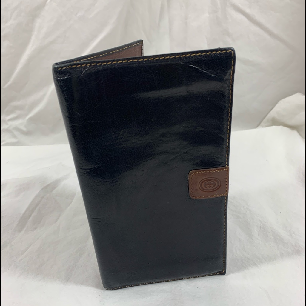 Genuine Gucci Vintage Black Signature Leather Wallet Checkbook Gg Logo